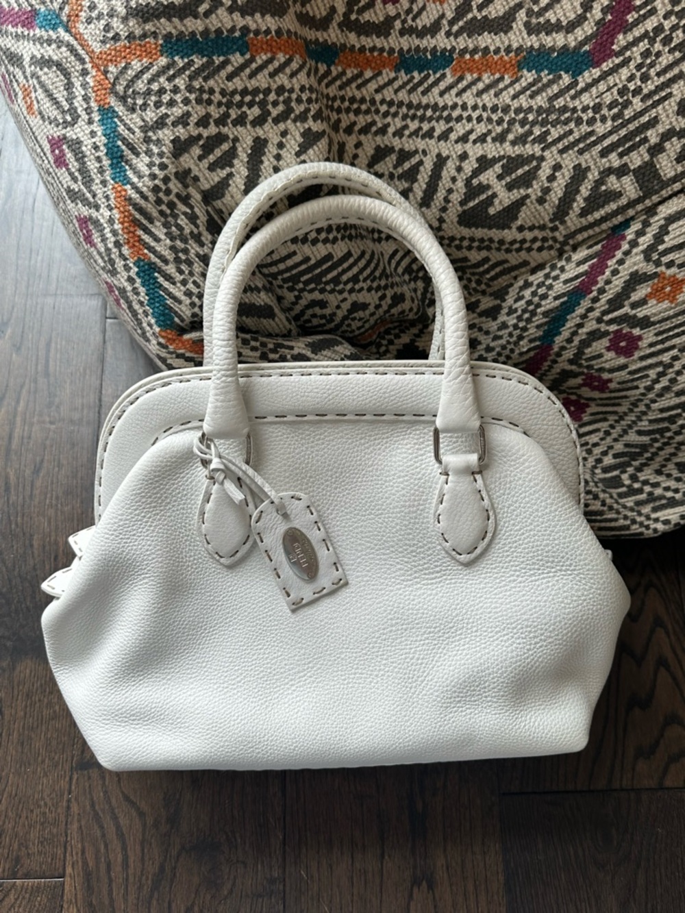 FENDI Selleria Soft White Leather Boston Doctor Bag Stitches